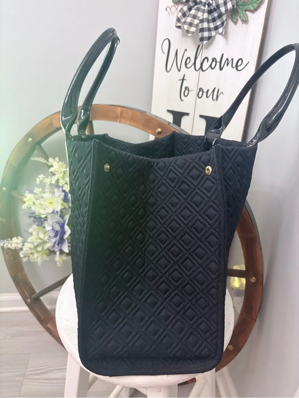 TORY BURCH Black Quilted Satchel Tote with side buttons